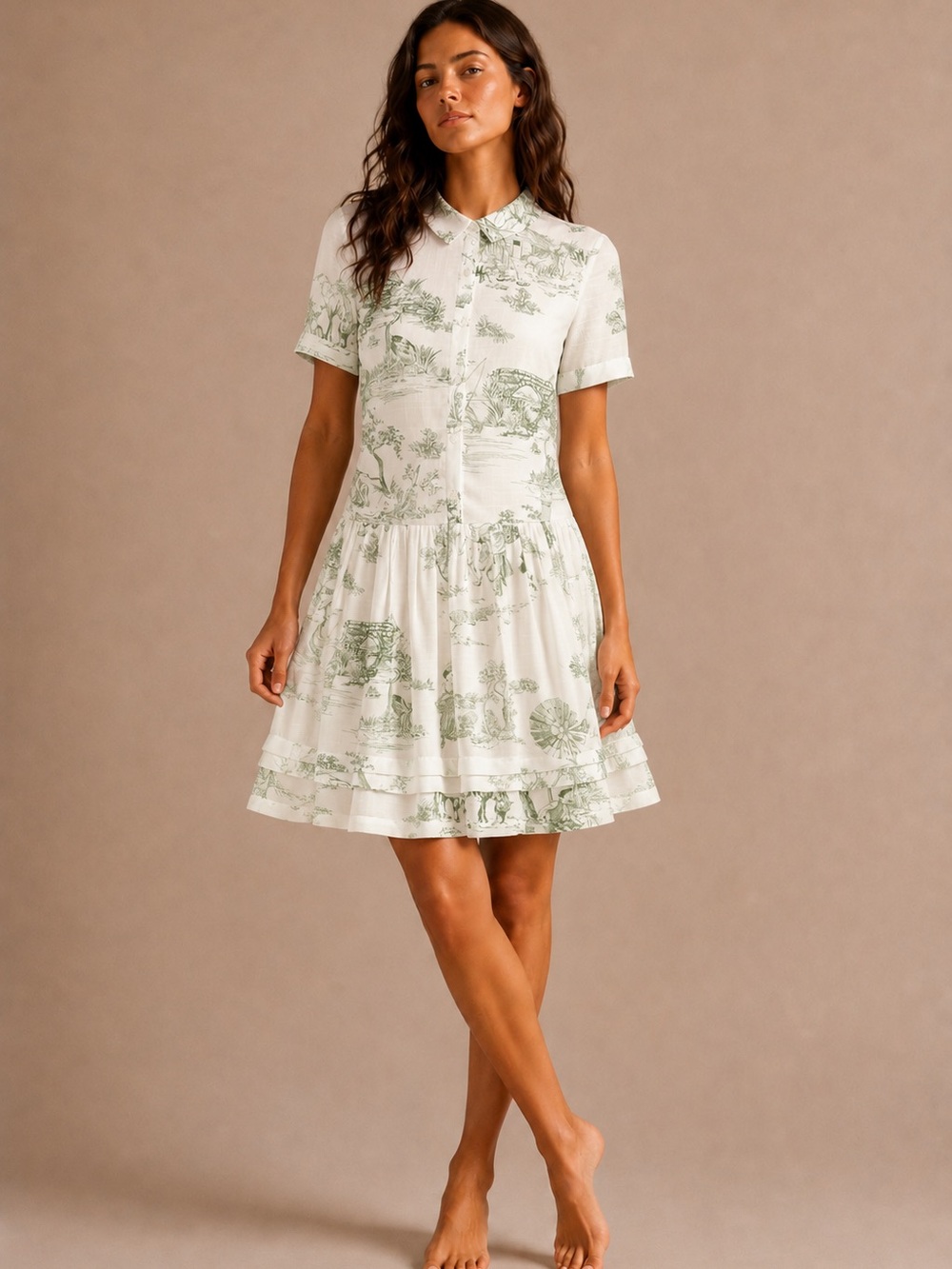 paper doll Ivory Mini Dress with Sage Toile Pattern